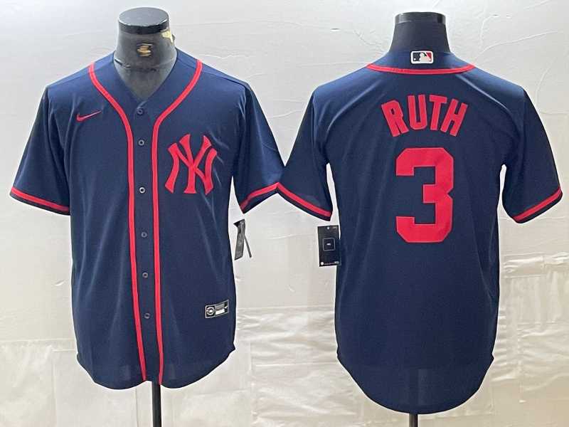 Men%27s New York Yankees #3 Babe Ruth Navy Red Fashion Cool Base Jersey